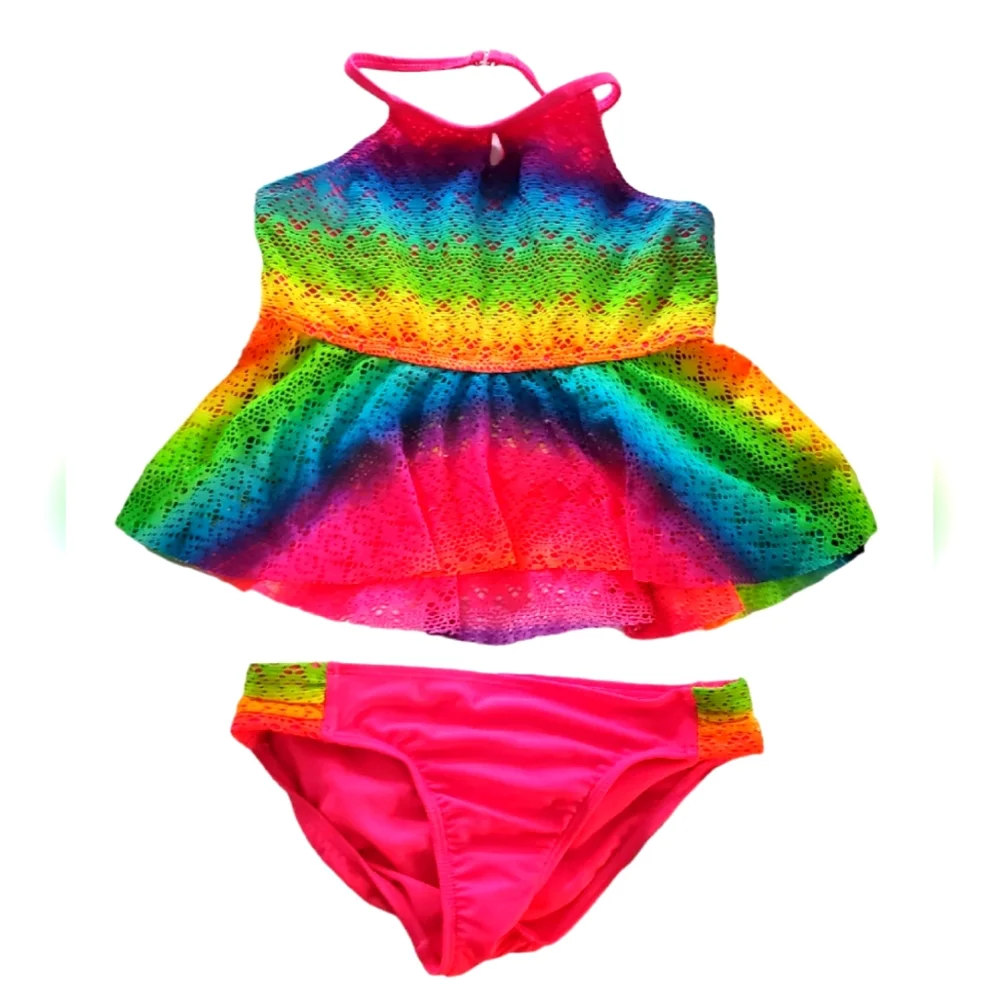 Wonder Nation‎ Girls Bright Colorful Rainbow Colored Mesh Tankini Size L 11/12